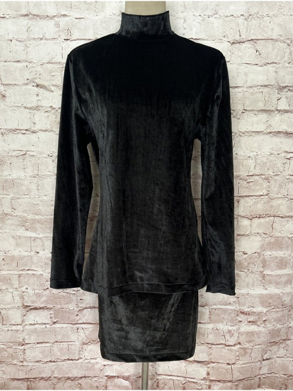 Fast Pace Collection Vintage 80s Womens L Black Crushed Velvet 2pc Top Skirt Set